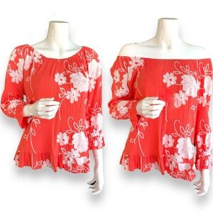 LIV LOS ANGELES ORANGE WHITE FLORAL PEASANT BLOUSE. WOMEN’S SIZE MEDIUM